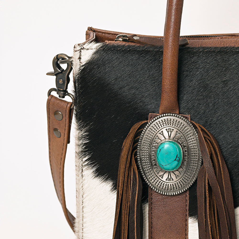 ADBG1091 American Darling Western Leather Tote Bag with Hair-On Cowhide and Fringe