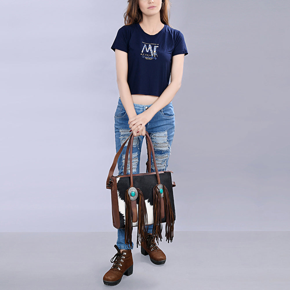 ADBG1091 American Darling Western Leather Tote Bag with Hair-On Cowhide and Fringe