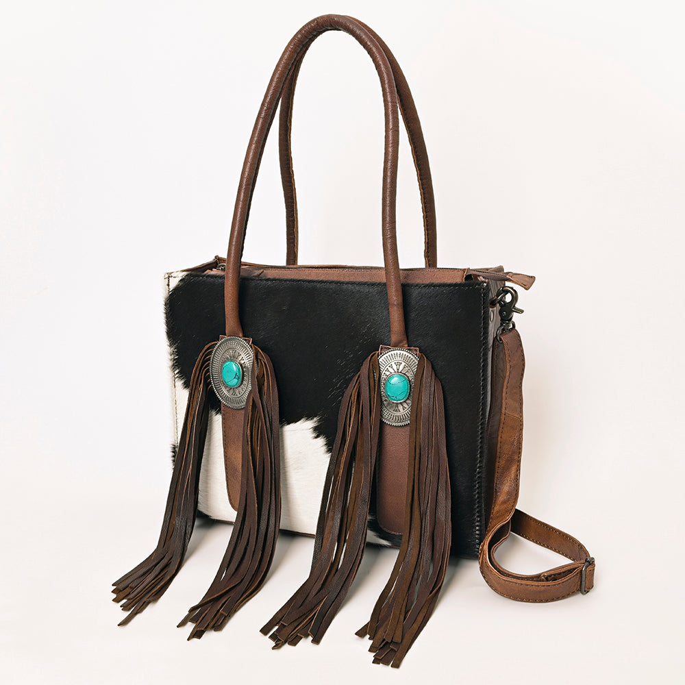ADBG1091 American Darling Western Leather Tote Bag with Hair-On Cowhide and Fringe