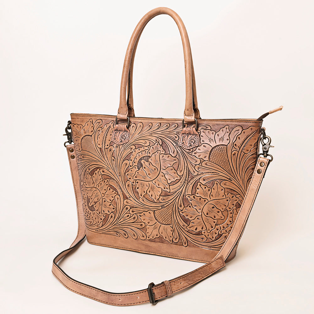 ADBG1246 American Darling Western Hand-Tooled Leather Tote Bag Genuine Floral Carved Tote