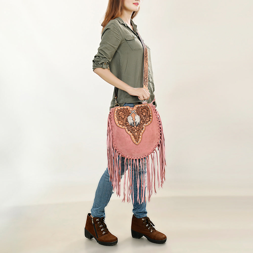 LC-ADBGA431 American Darling Western Feather Tooled Leather Large Crossbody Bag with Fringe
