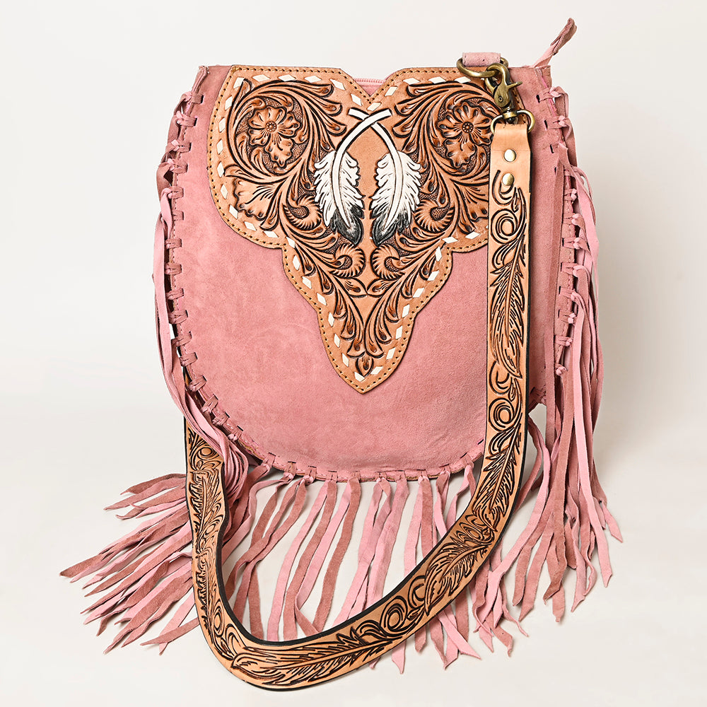 LC-ADBGA431 American Darling Western Feather Tooled Leather Large Crossbody Bag with Fringe