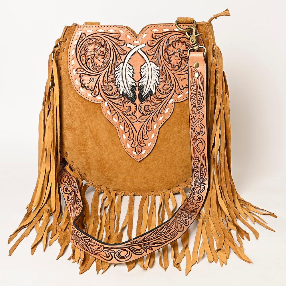 LC-ADBGA431 American Darling Western Feather Tooled Leather Large Crossbody Bag with Fringe