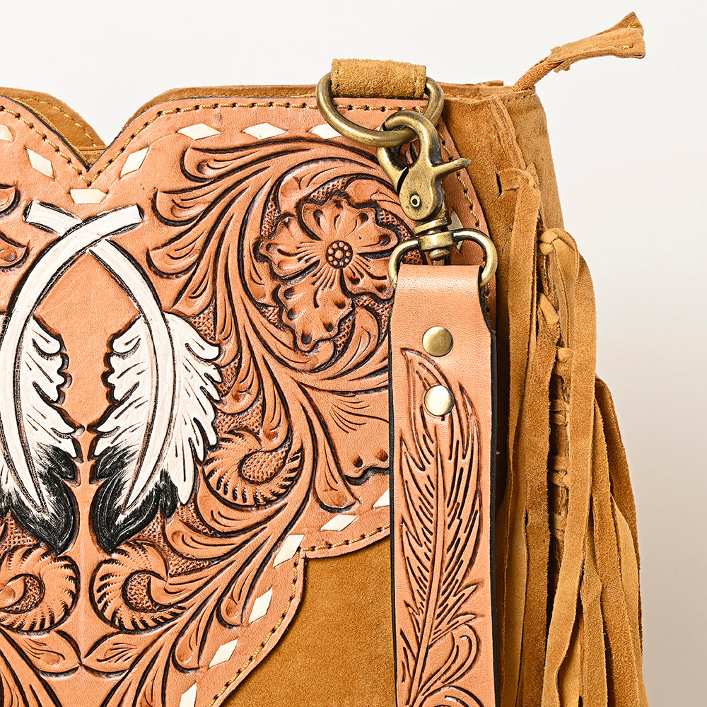 LC-ADBGA431 American Darling Western Feather Tooled Leather Large Crossbody Bag with Fringe