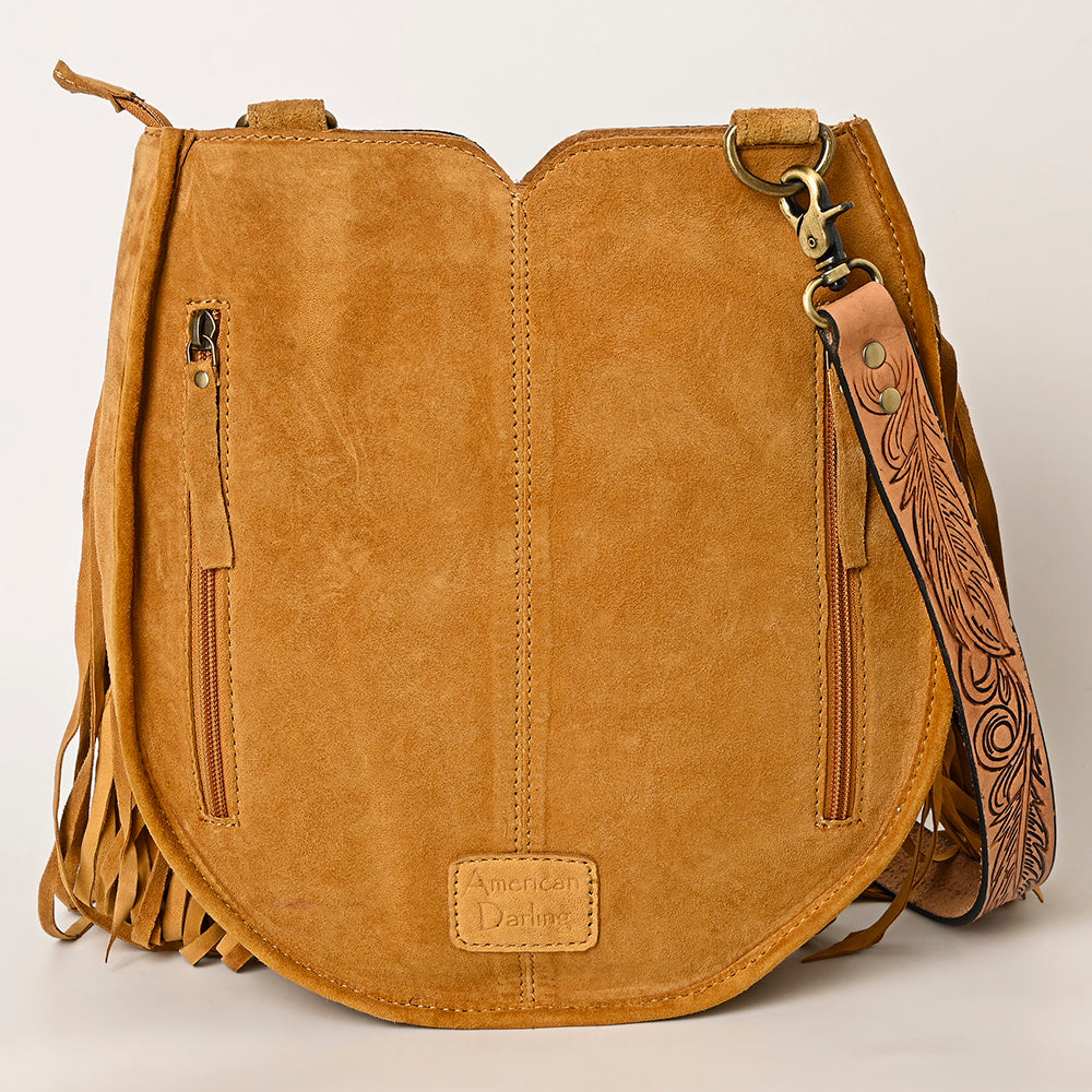 LC-ADBGA431 American Darling Western Feather Tooled Leather Large Crossbody Bag with Fringe