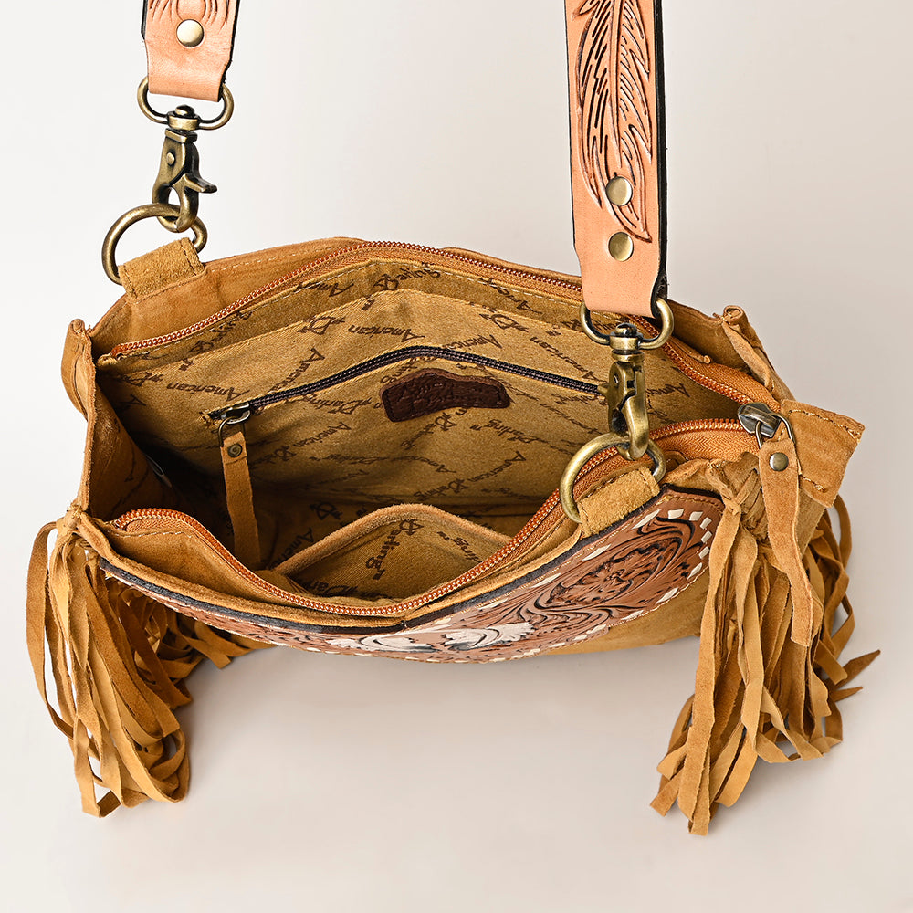 LC-ADBGA431 American Darling Western Feather Tooled Leather Large Crossbody Bag with Fringe