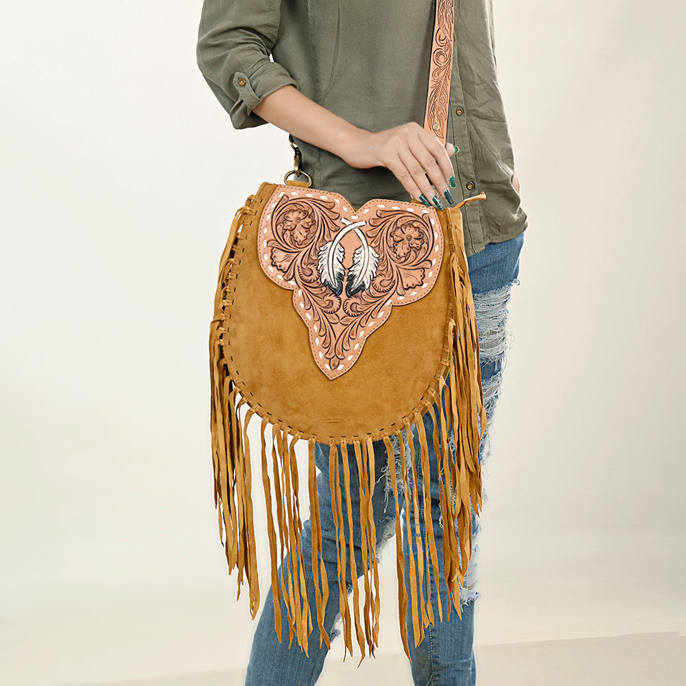 LC-ADBGA431 American Darling Western Feather Tooled Leather Large Crossbody Bag with Fringe
