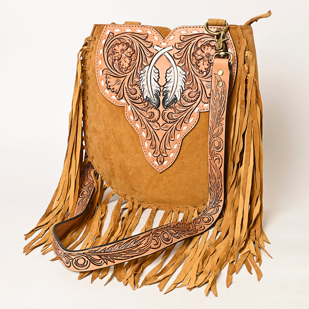 LC-ADBGA431 American Darling Western Feather Tooled Leather Large Crossbody Bag with Fringe