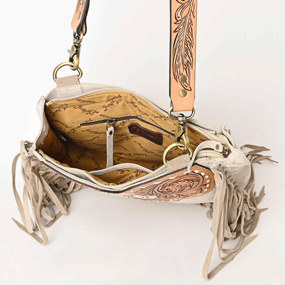 LC-ADBGA431 American Darling Western Feather Tooled Leather Large Crossbody Bag with Fringe