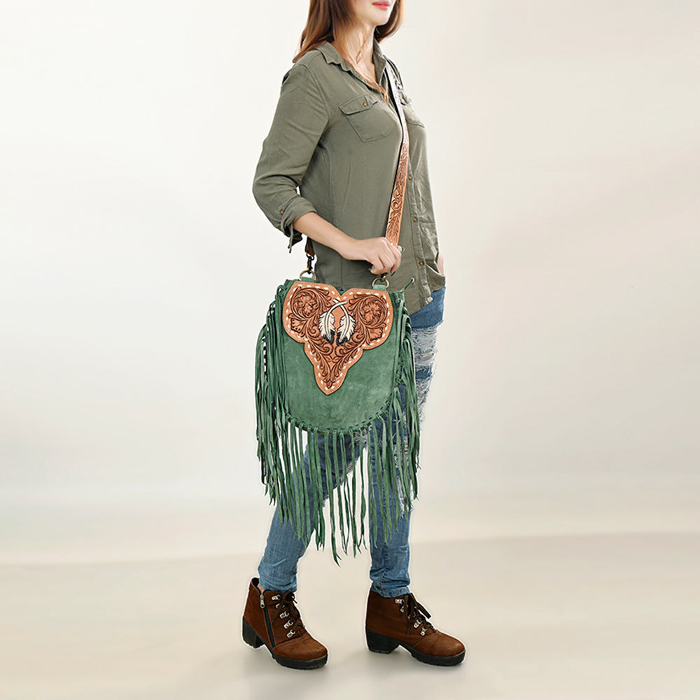 LC-ADBGA431 American Darling Western Feather Tooled Leather Large Crossbody Bag with Fringe