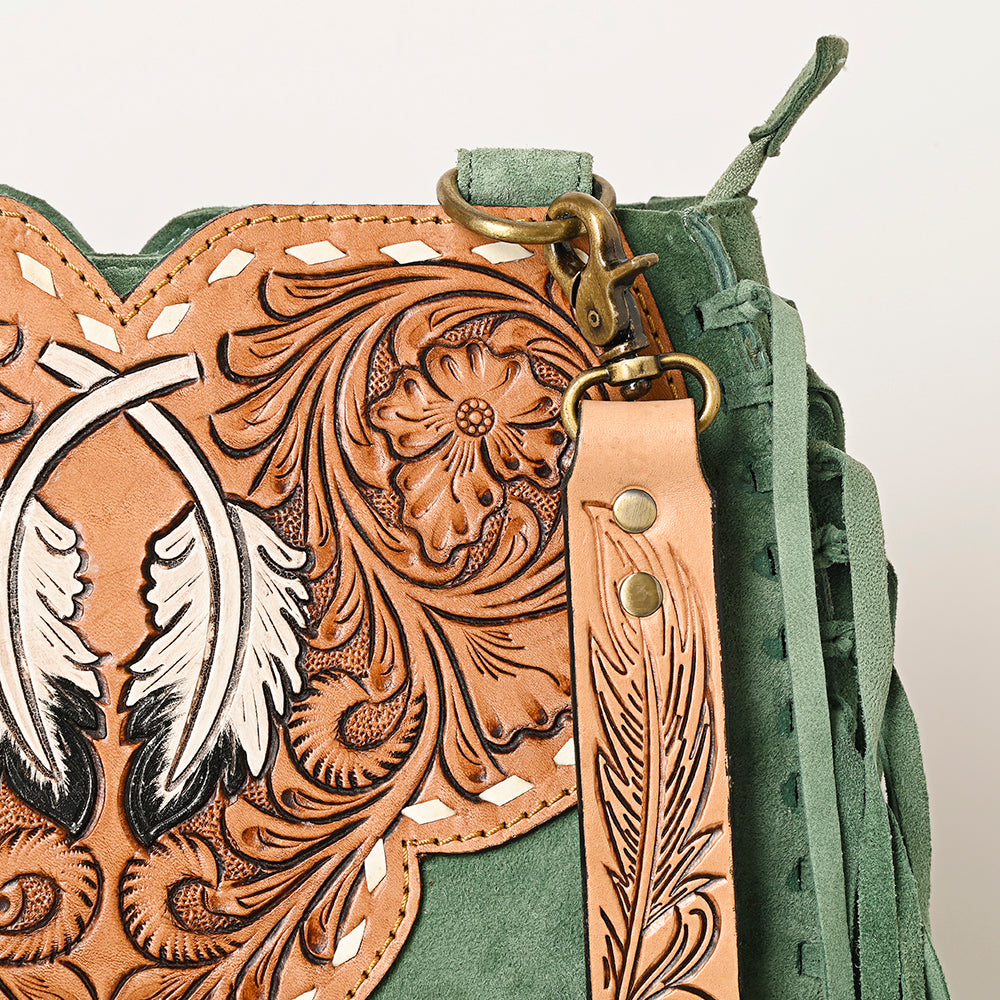 LC-ADBGA431 American Darling Western Feather Tooled Leather Large Crossbody Bag with Fringe