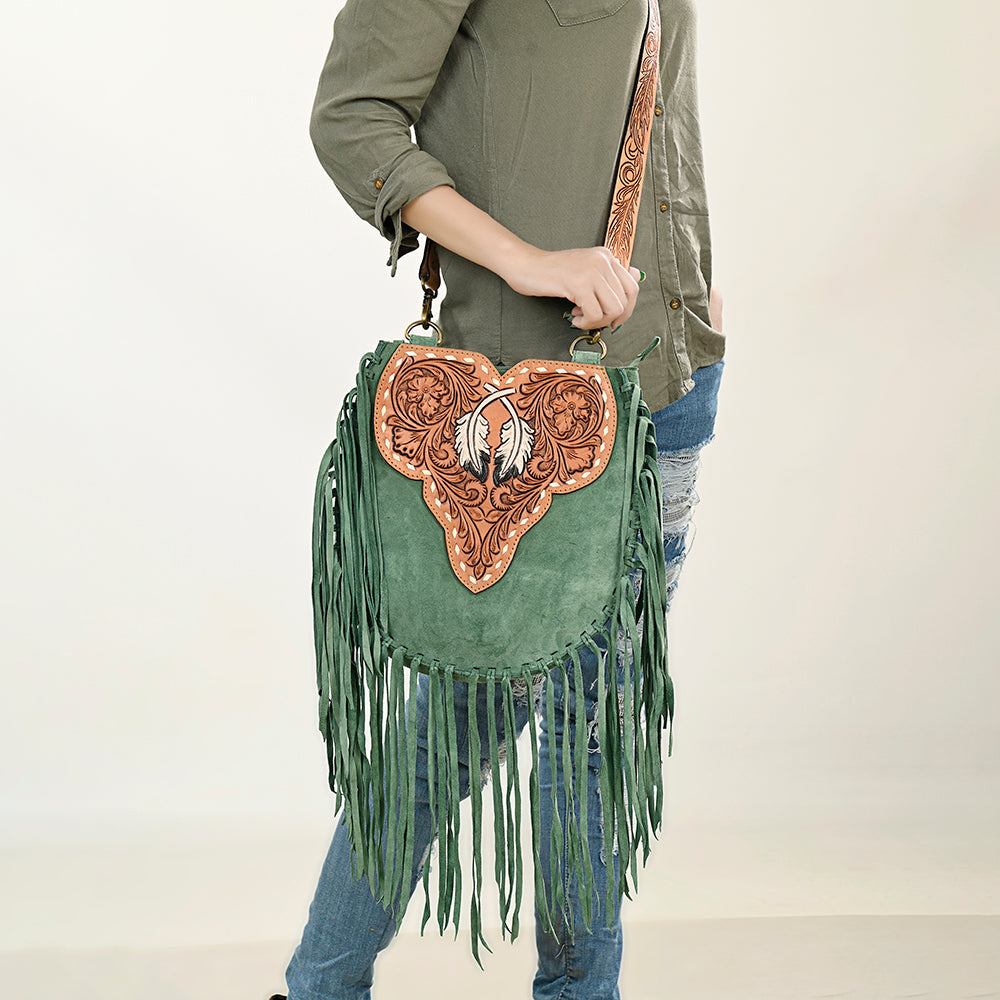 LC-ADBGA431 American Darling Western Feather Tooled Leather Large Crossbody Bag with Fringe