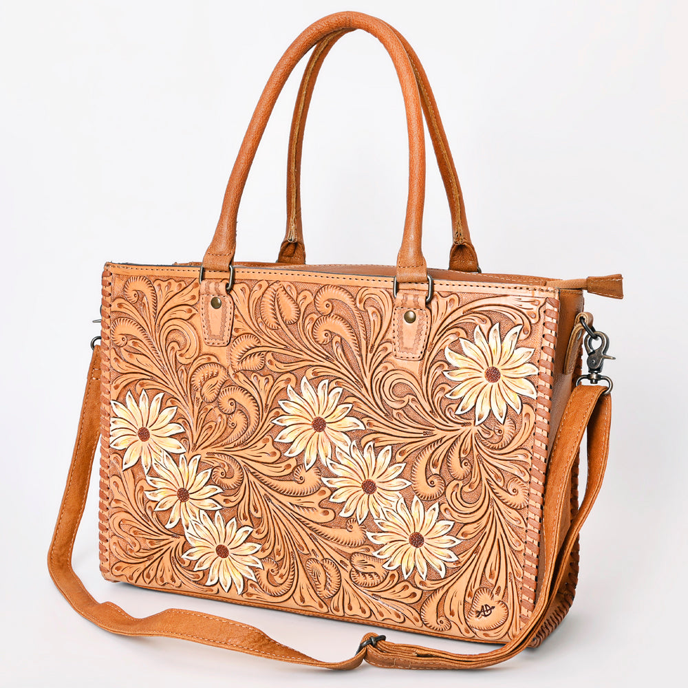 ADBG235 Hand Tooled Floral Leather Tote Bag with Adjustable Shoulder Strap