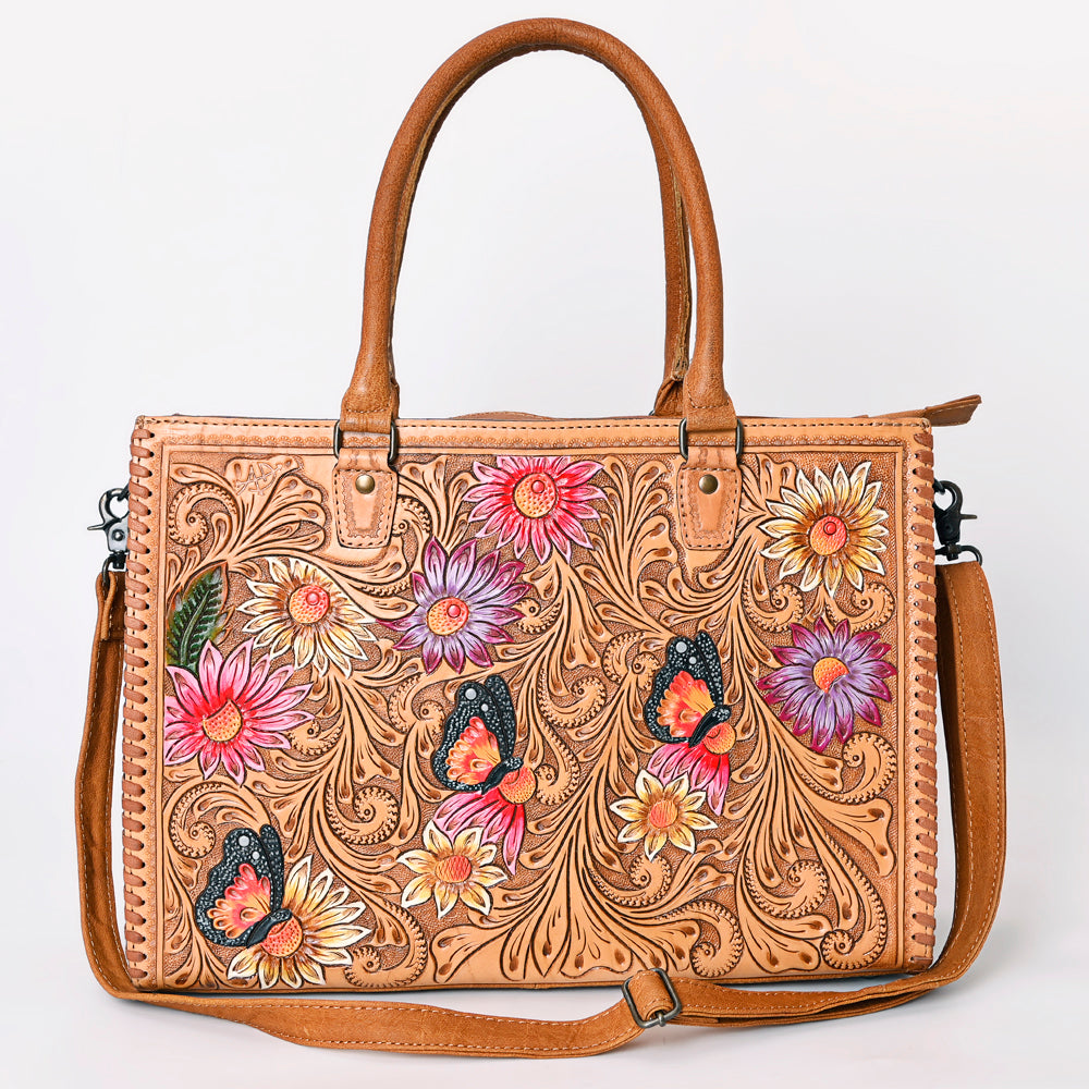 ADBG235 Hand Tooled Floral Leather Tote Bag with Adjustable Shoulder Strap