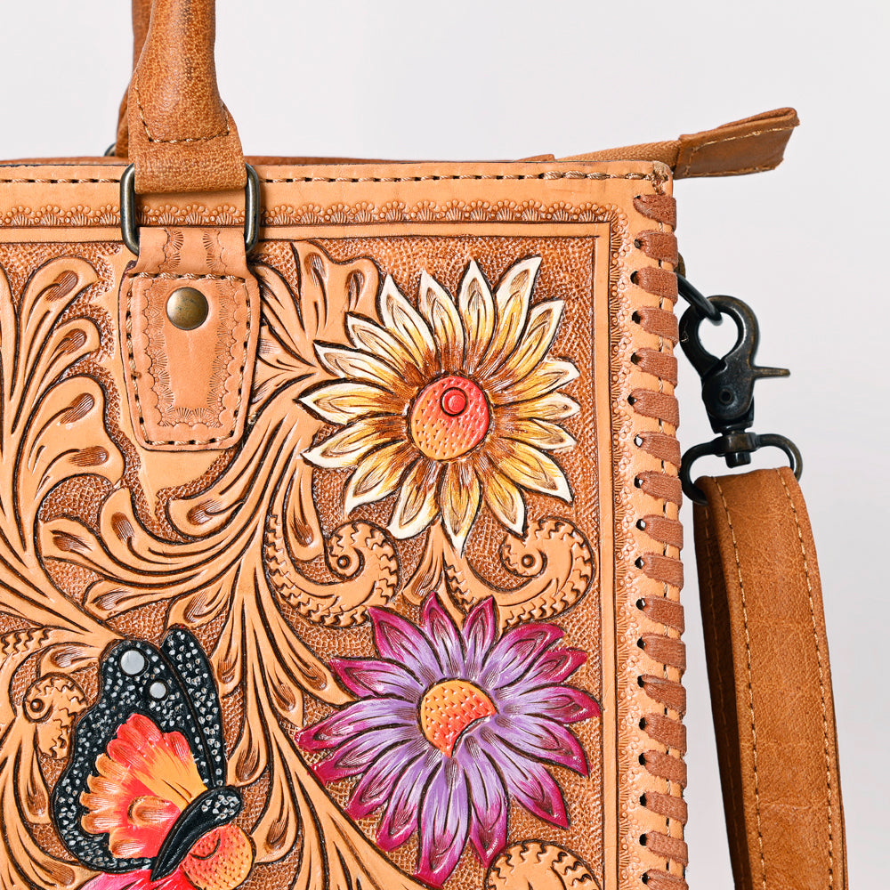 ADBG235 Hand Tooled Floral Leather Tote Bag with Adjustable Shoulder Strap