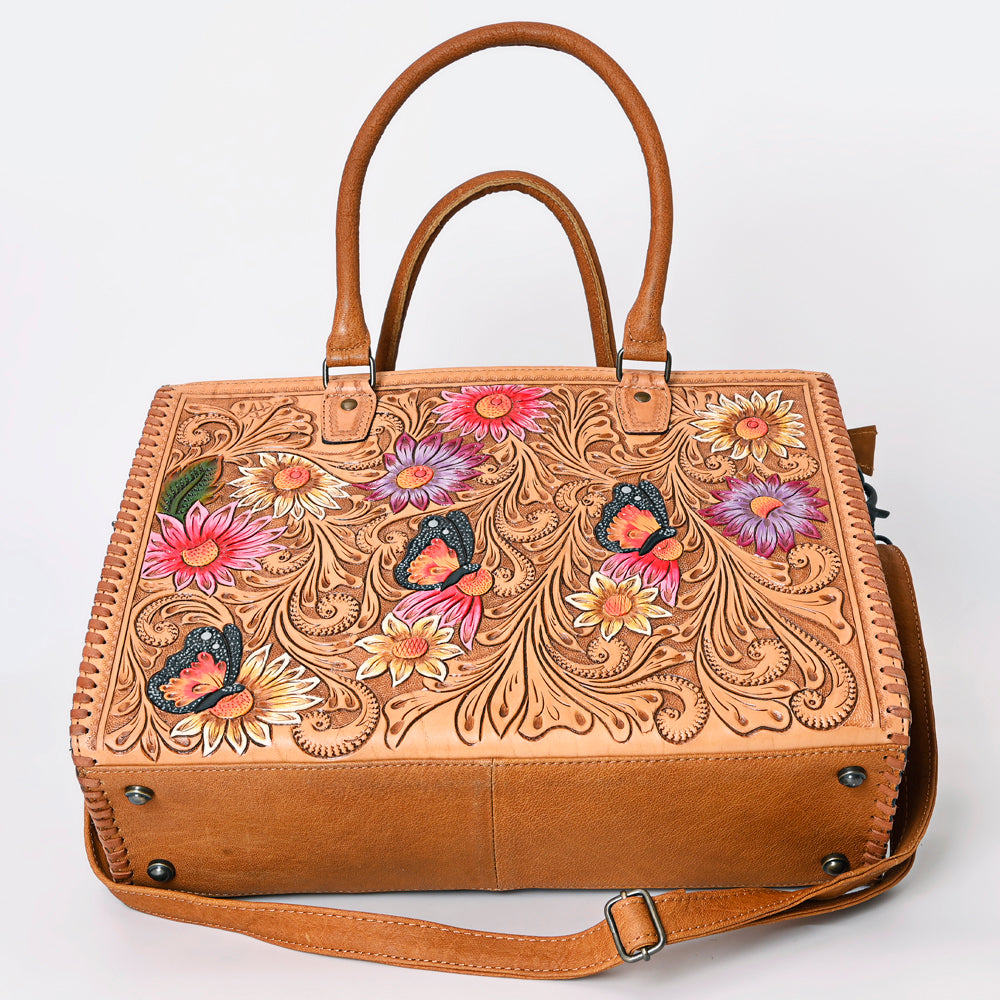 ADBG235 Hand Tooled Floral Leather Tote Bag with Adjustable Shoulder Strap