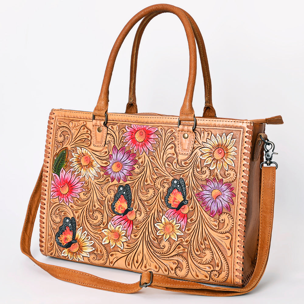 ADBG235 Hand Tooled Floral Leather Tote Bag with Adjustable Shoulder Strap