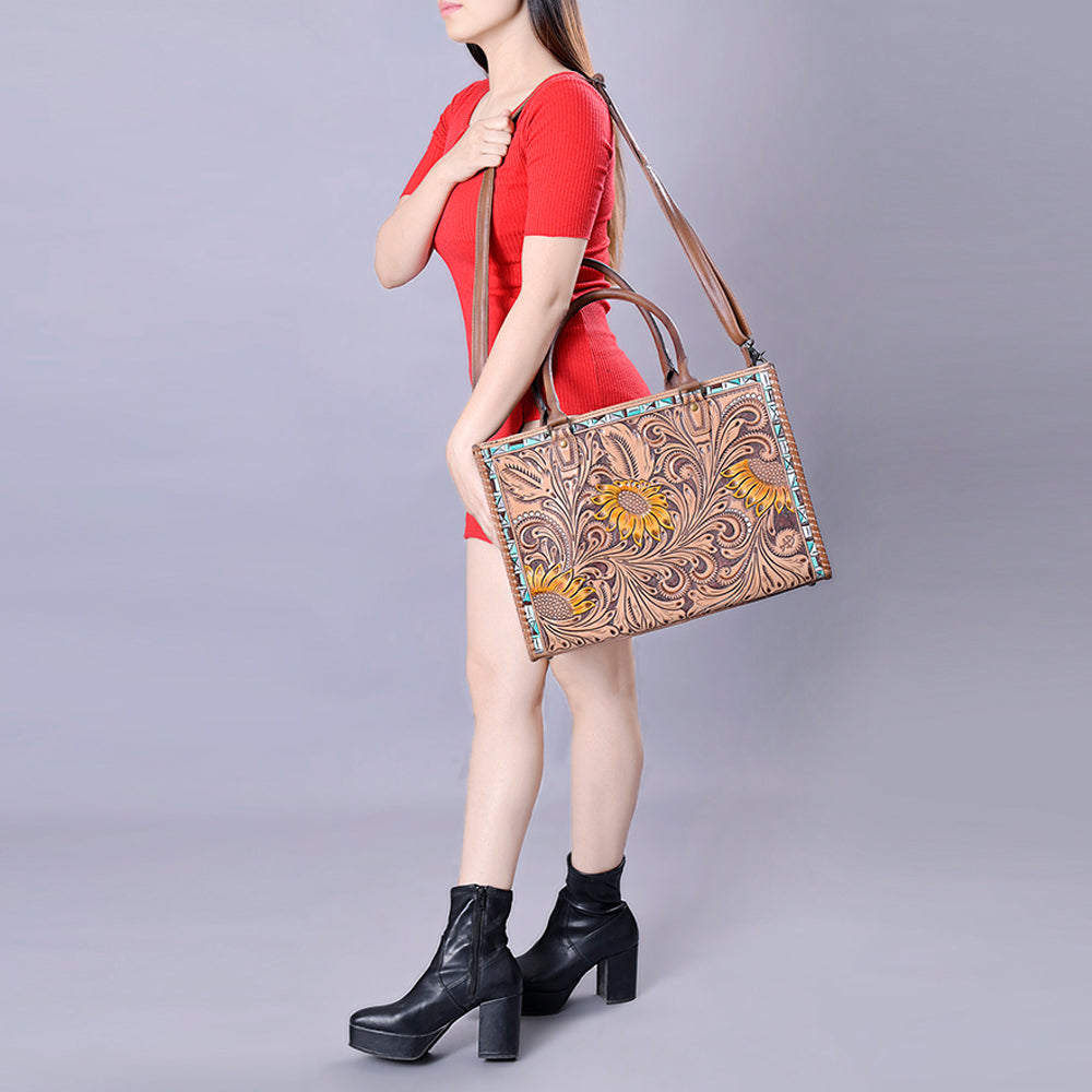 ADBG235 Hand Tooled Floral Leather Tote Bag with Adjustable Shoulder Strap