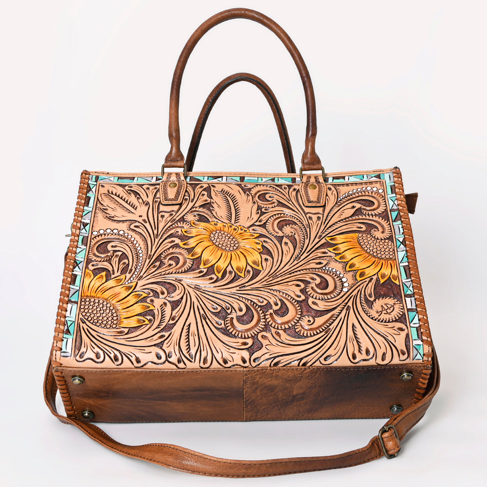 ADBG235 Hand Tooled Floral Leather Tote Bag with Adjustable Shoulder Strap