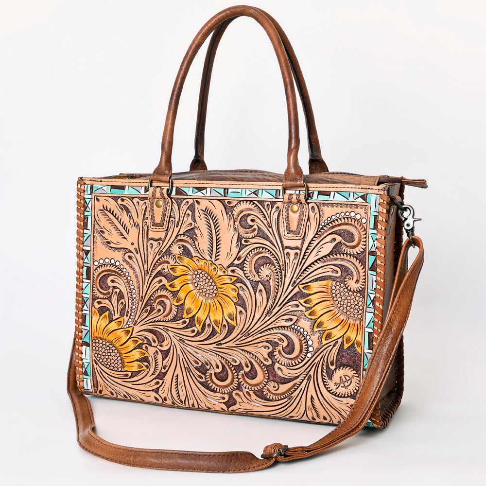 ADBG235 Hand Tooled Floral Leather Tote Bag with Adjustable Shoulder Strap