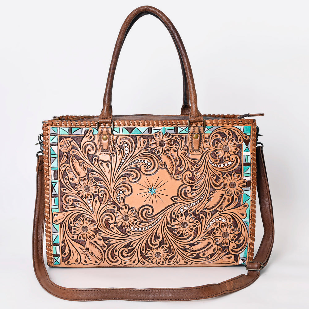 ADBG235 Hand Tooled Floral Leather Tote Bag with Adjustable Shoulder Strap