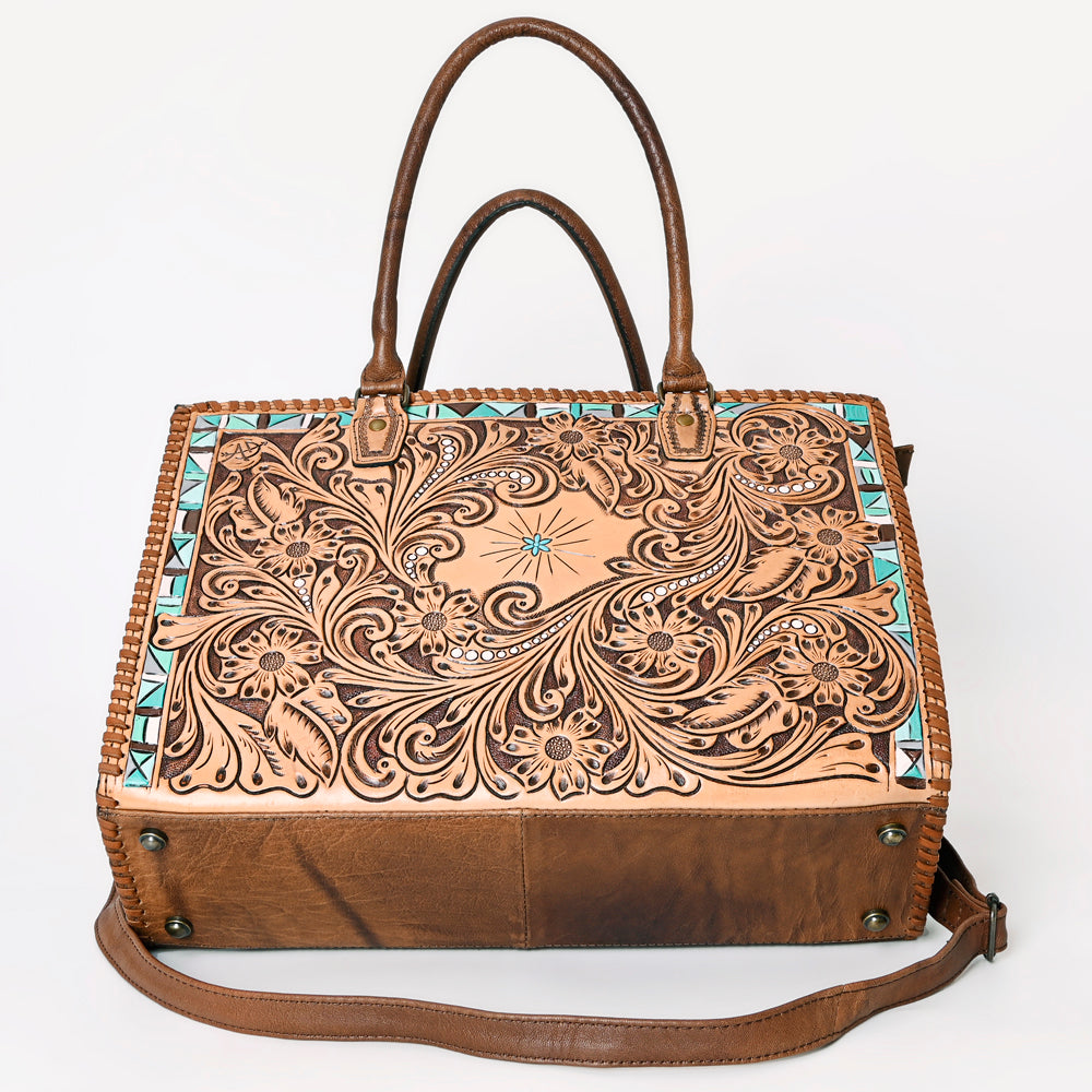 ADBG235 Hand Tooled Floral Leather Tote Bag with Adjustable Shoulder Strap