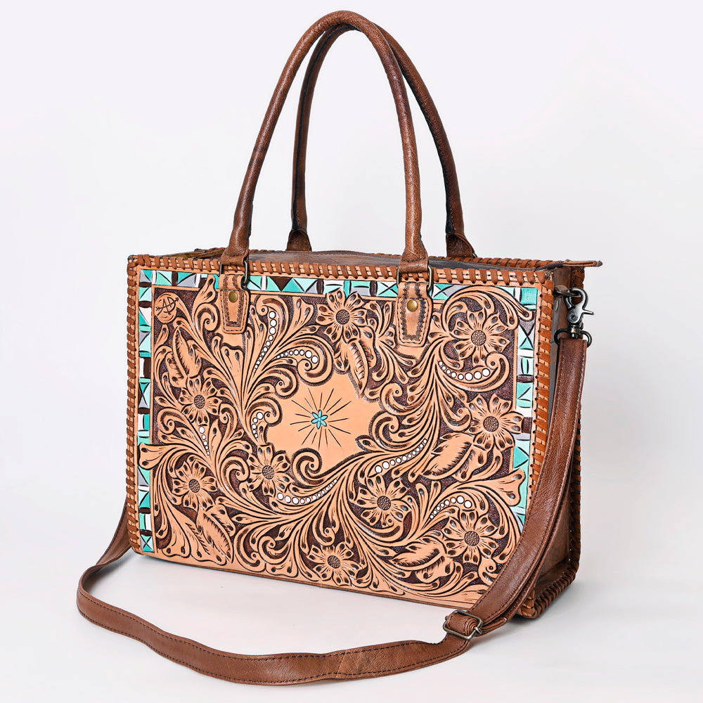 ADBG235 Hand Tooled Floral Leather Tote Bag with Adjustable Shoulder Strap