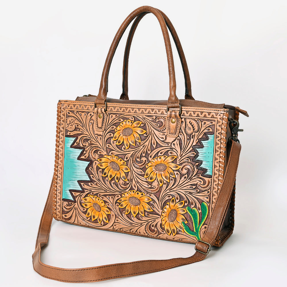 ADBG235 Hand Tooled Floral Leather Tote Bag with Adjustable Shoulder Strap