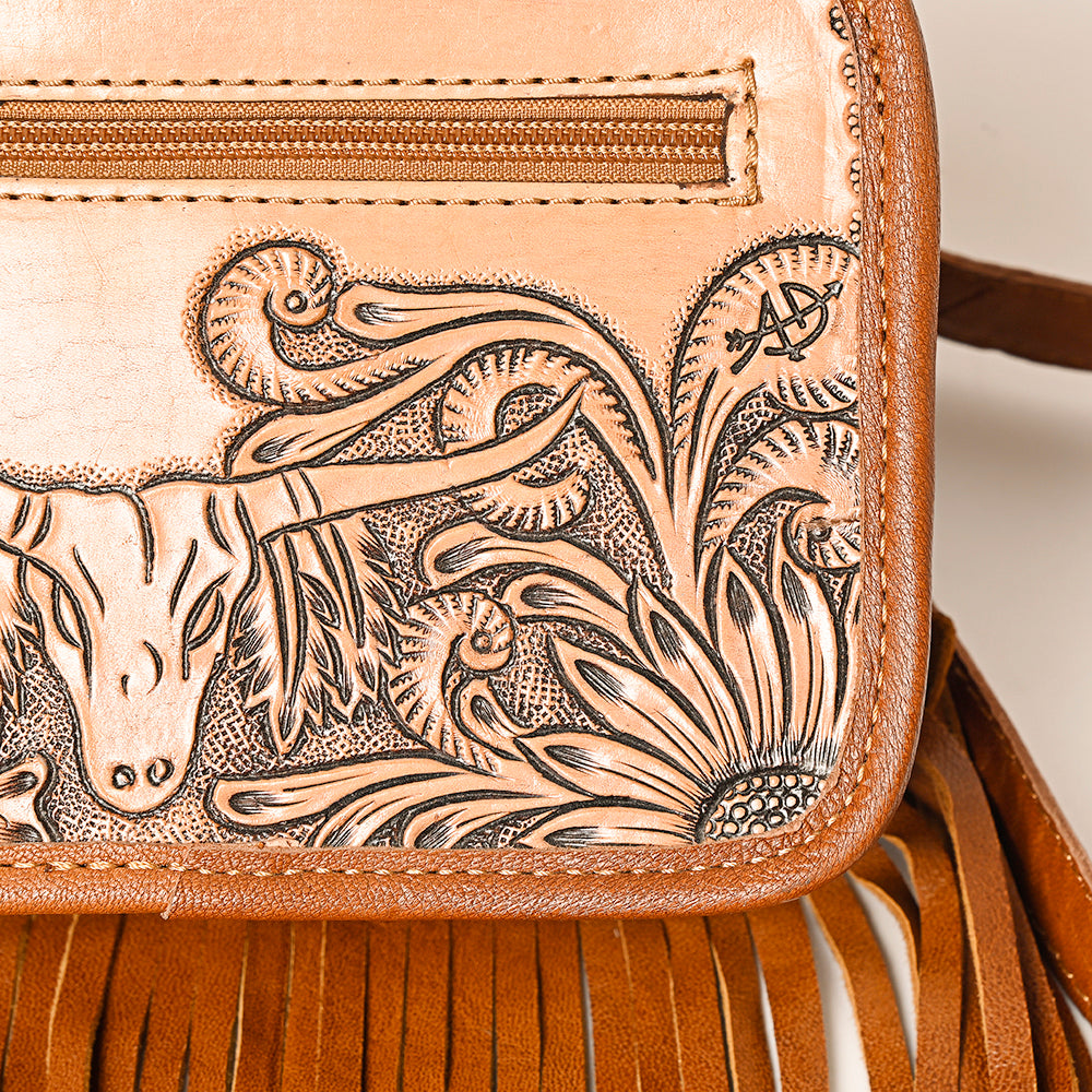 ADBG1247 American Darling Western Genuine Leather Hand-Tooled Fringe Fanny Pack -Women Western Belt Bag
