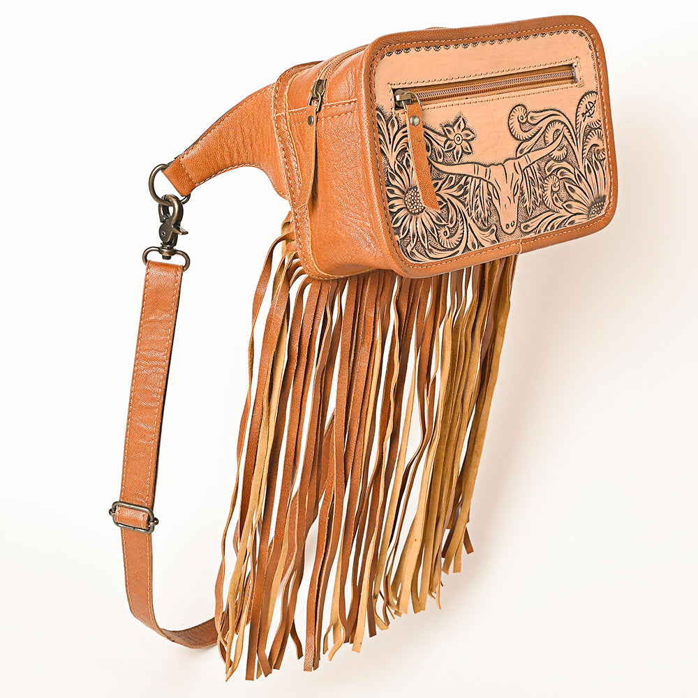 ADBG1247 American Darling Western Genuine Leather Hand-Tooled Fringe Fanny Pack | Women’s Western Belt Bag