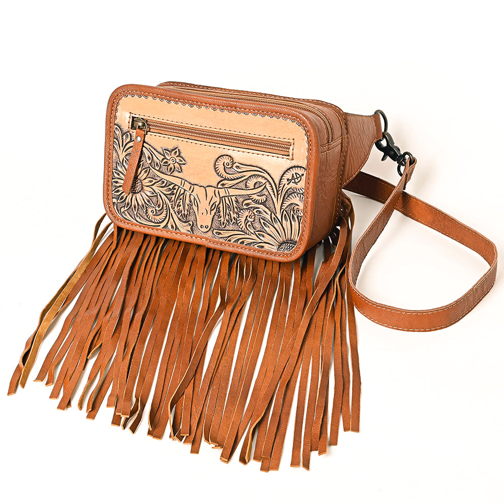 ADBG1247 American Darling Western Genuine Leather Hand-Tooled Fringe Fanny Pack | Women’s Western Belt Bag