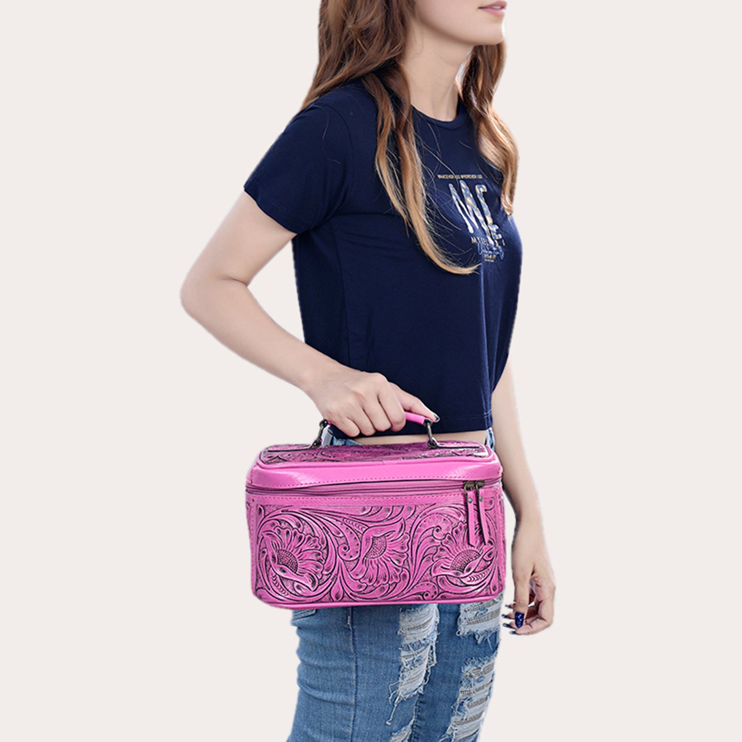 ADBG1251 American Darling Hand Tooled Leather Jewelry Case | Pink Western Travel Bag