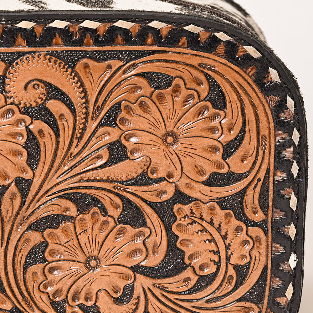 ADBG1255 American Darling Hand-Tooled Leather & Hair-On Cowhide Western Jewelry Bag - Genuine Leather Travel Case