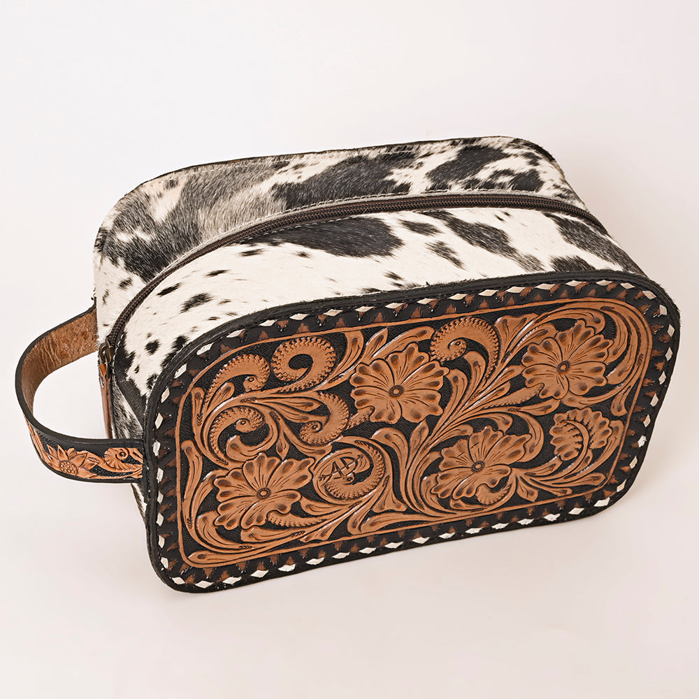ADBG1255 American Darling Hand-Tooled Leather & Hair-On Cowhide Western Jewelry Bag - Genuine Leather Travel Case