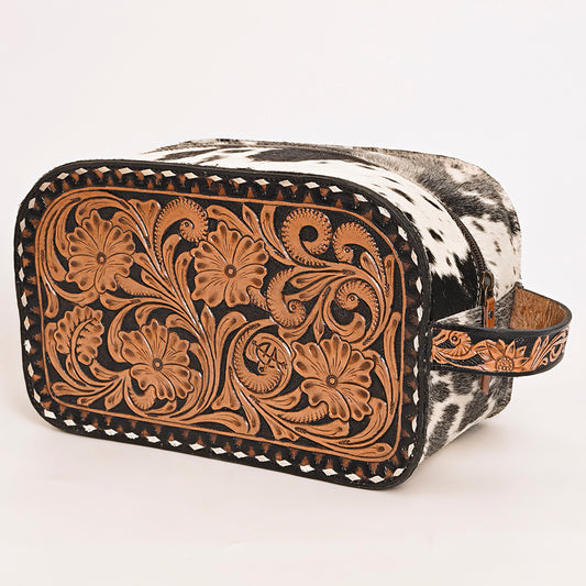 ADBG1255 American Darling Hand-Tooled Leather & Hair-On Cowhide Western Jewelry Bag - Genuine Leather Travel Case
