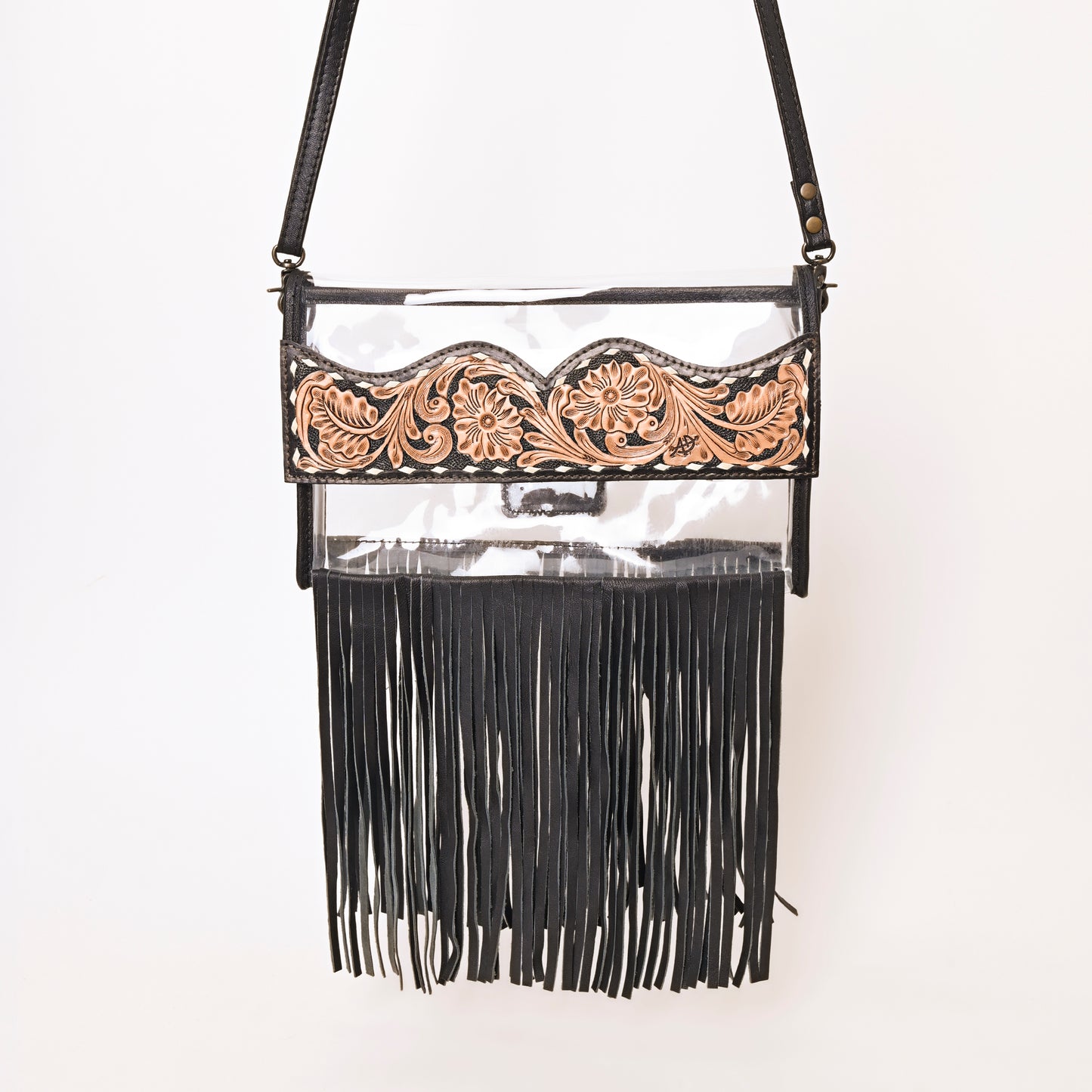 ADBG1256 American Darling Hand-Tooled Leather Clear Western Crossbody Bag with Fringe - Genuine Leather