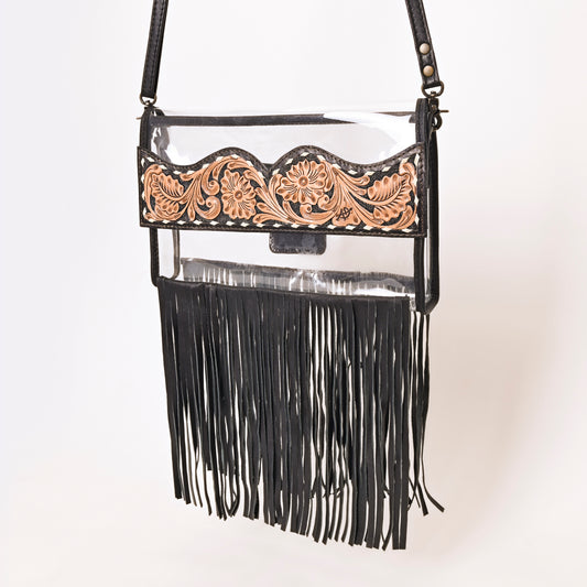 ADBG1256 American Darling Hand-Tooled Leather Clear Western Crossbody Bag with Fringe - Genuine Leather