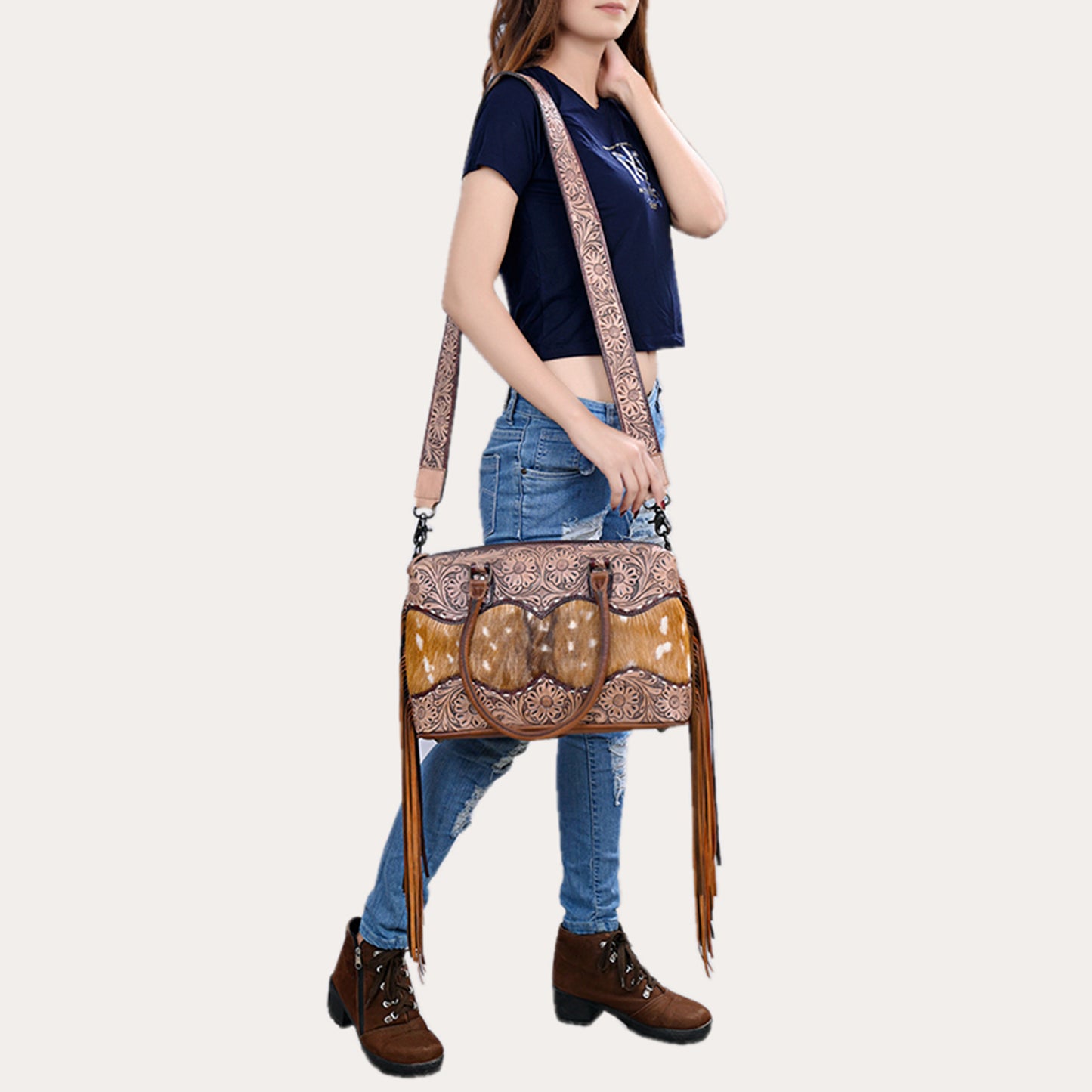 ADBG1258 American Darling Hand-Tooled Leather & Hair-On Cowhide Western Tote Bag with Fringe - Genuine Leather