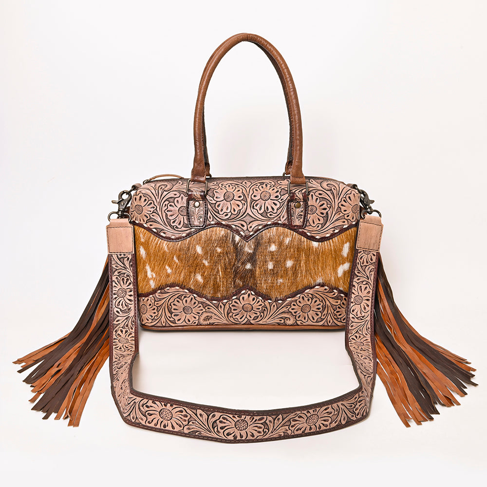 ADBG1258 American Darling Hand-Tooled Leather & Hair-On Cowhide Western Tote Bag with Fringe - Genuine Leather