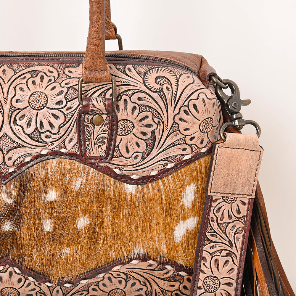 ADBG1258 American Darling Hand-Tooled Leather & Hair-On Cowhide Western Tote Bag with Fringe - Genuine Leather