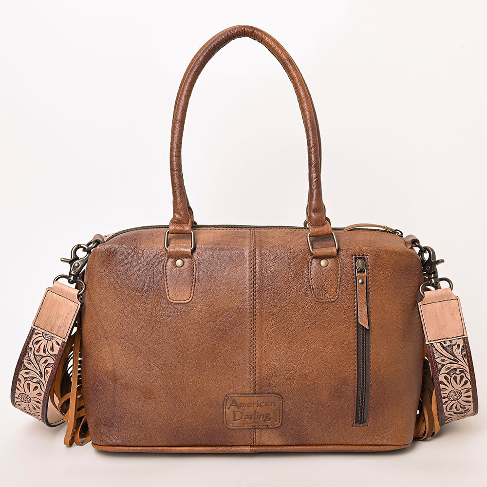 ADBG1258 American Darling Hand-Tooled Leather & Hair-On Cowhide Western Tote Bag with Fringe - Genuine Leather