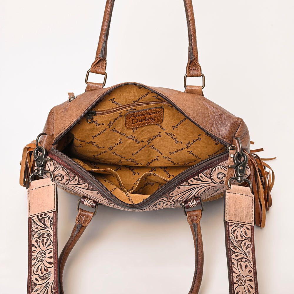 ADBG1258 American Darling Hand-Tooled Leather & Hair-On Cowhide Western Tote Bag with Fringe - Genuine Leather