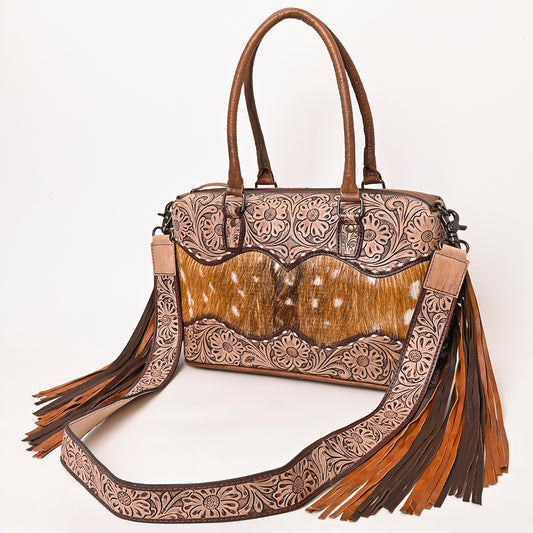 ADBG1258 American Darling Hand-Tooled Leather & Hair-On Cowhide Western Tote Bag with Fringe - Genuine Leather