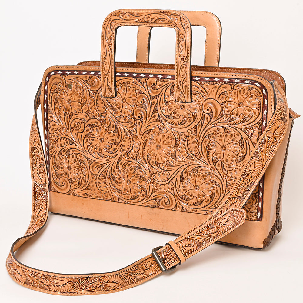 ADBG1259 American Darling Hand-Tooled Genuine Leather Western Briefcase Bag - Floral Carved Artisan Handbag