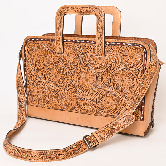 ADBG1259 American Darling Hand-Tooled Genuine Leather Western Briefcase Bag - Floral Carved Artisan Handbag