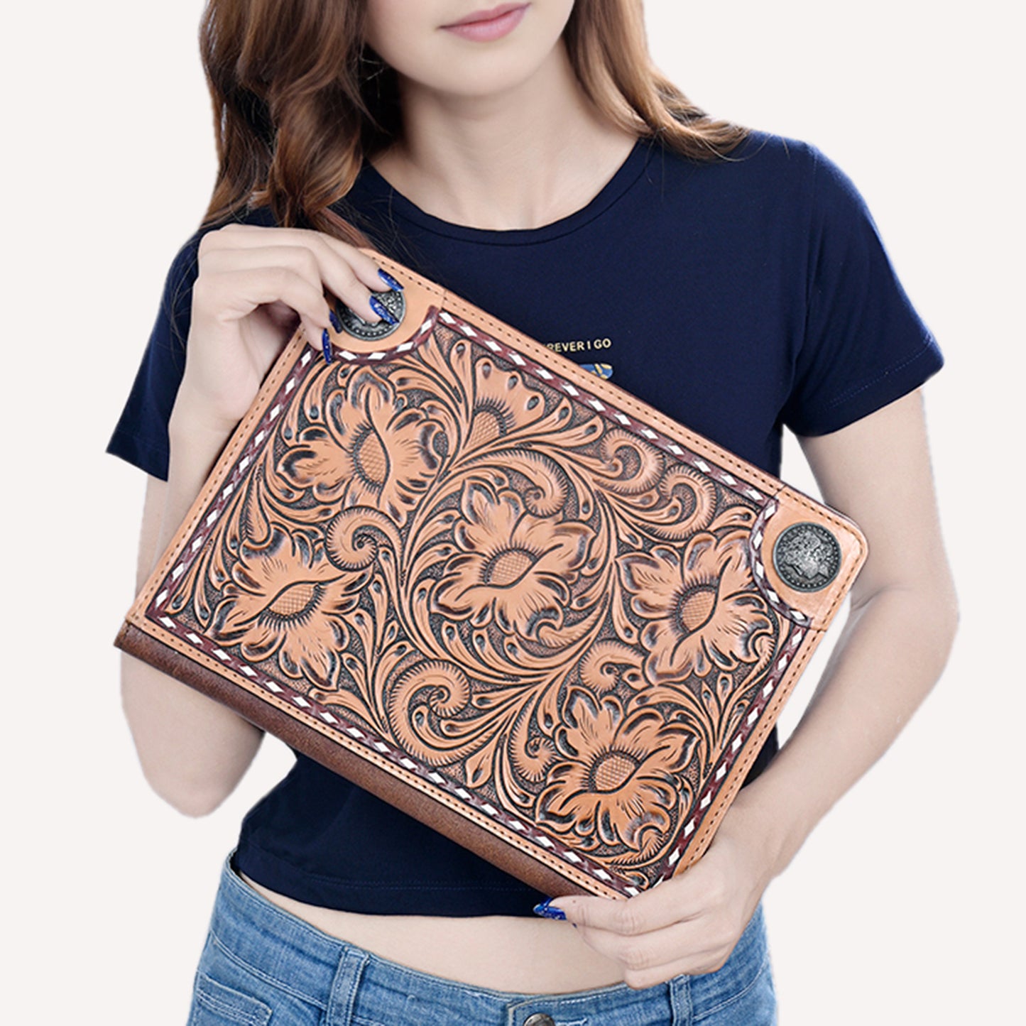 ADBG1266 American Darling Hand-Tooled Genuine Leather Western Portfolio Bag - Floral Carved Document Case
