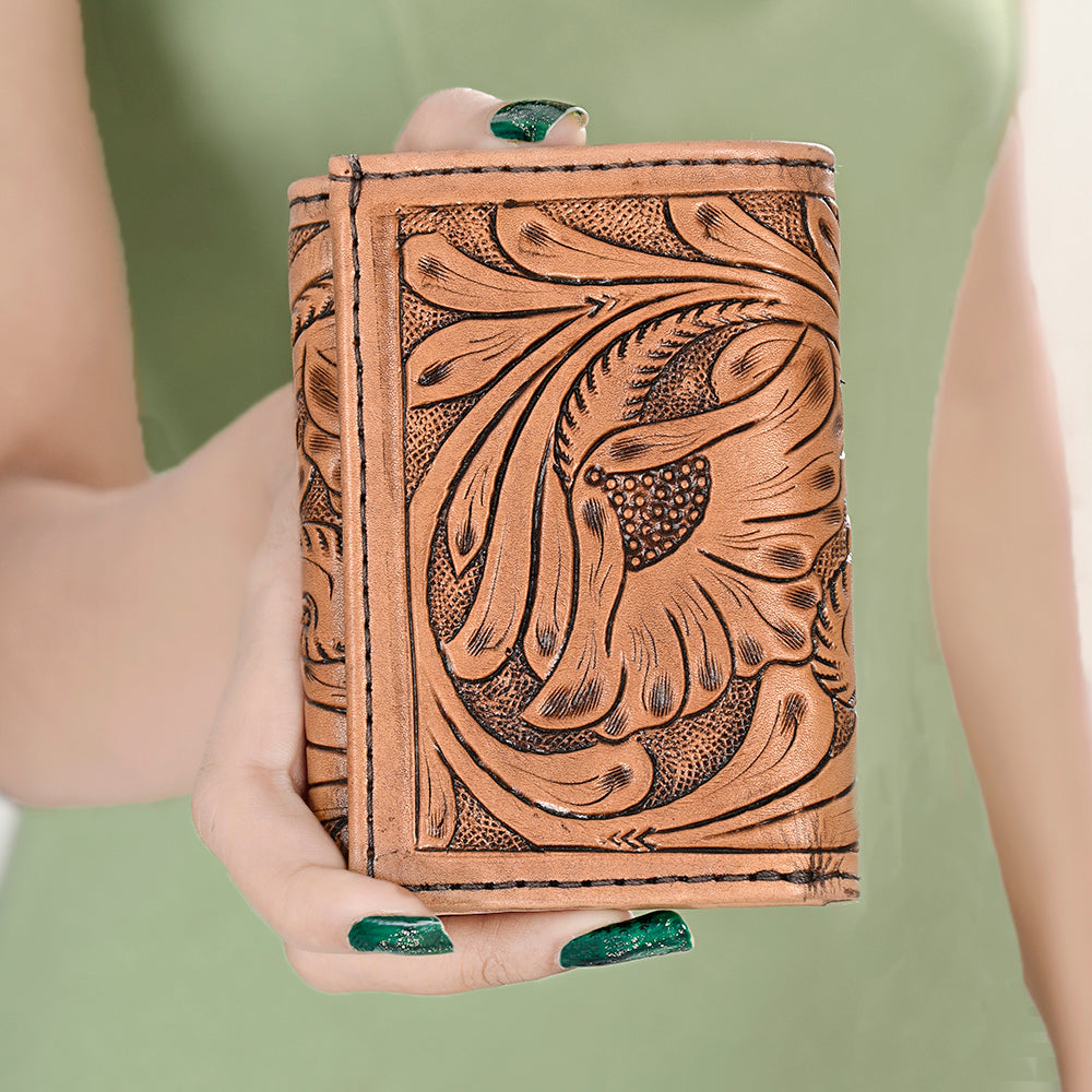 ADBG1268 American Darling Hand-Tooled Genuine Leather Western Trifold Wallet - Floral Carved Artisan Wallet