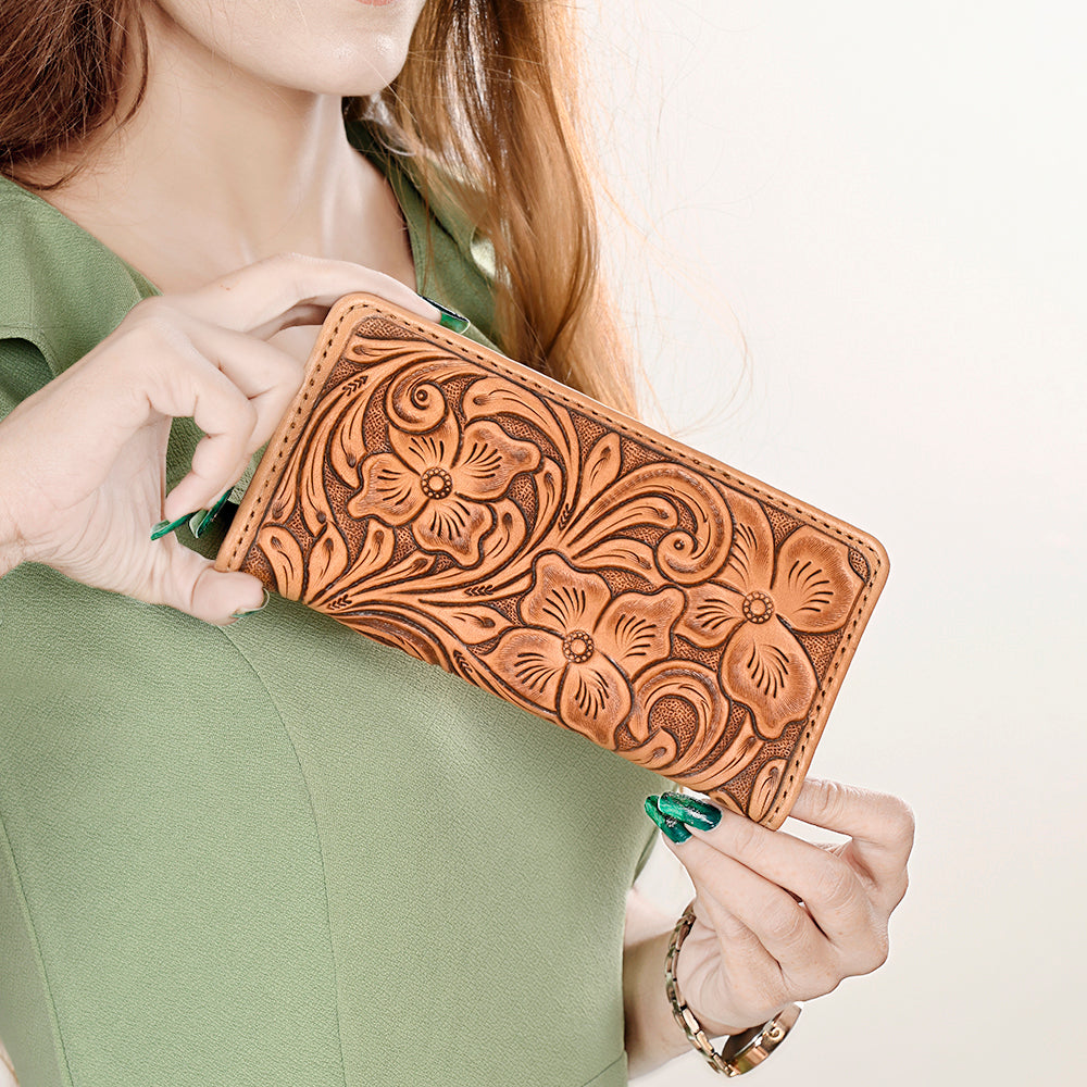 ADBG1269 American Darling Hand-Tooled Genuine Leather Western Wallet Handbag - Floral Carved Women’s Wallet
