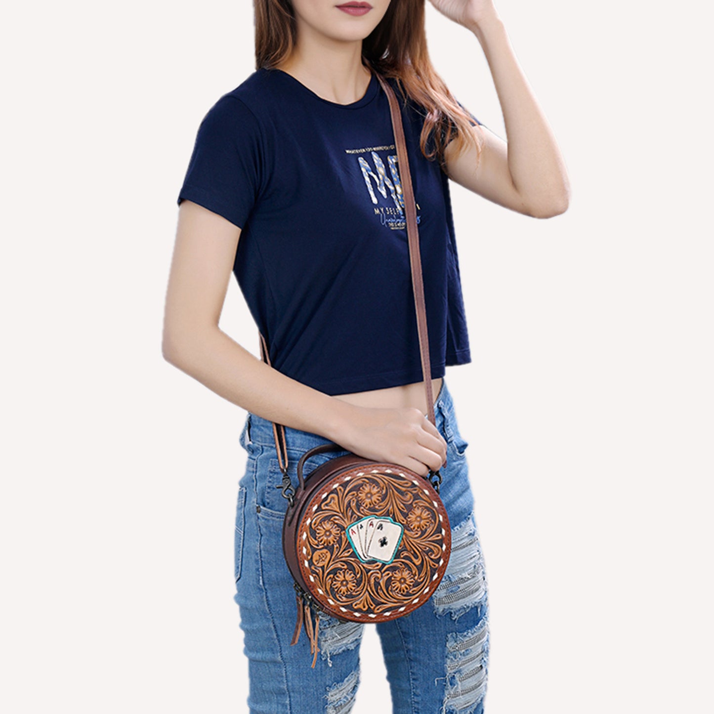 ADBG1270 American Darling Tooled Leather Canteen Bag | Playing Card Western Purse