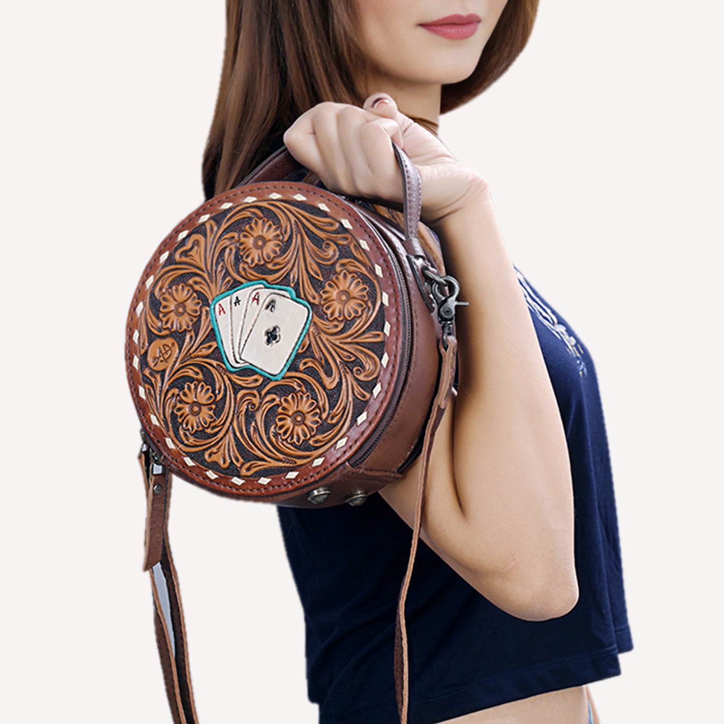 ADBG1270 American Darling Tooled Leather Canteen Bag | Playing Card Western Purse